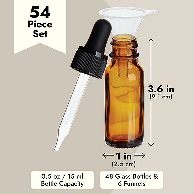 48 Count 1/2 Oz Amber Glass Dropper Bottles & 6 Funnels For Essential Oils 15 Ml
