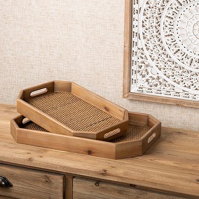 Tray (set Of 2) 15"l X 9.5"w X 2"h, 18"l X 12"w X 2"h Wood/rattan