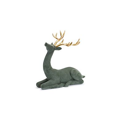 Green Flocked Deer Figurine With Gold Antlers (set Of 2)