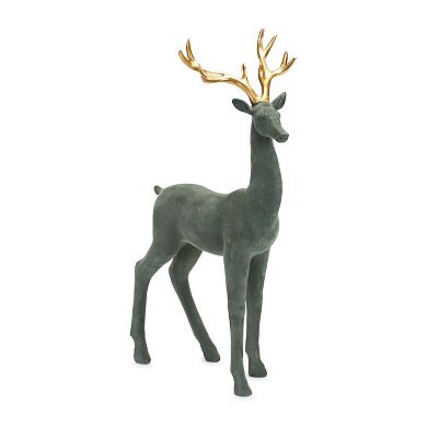 Green Flocked Deer Figurine With Gold Antlers (set Of 2)