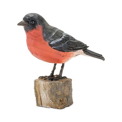 Rustic Stone Bird Figurine Perched On Stump - Warm Red And Black (set Of 2)