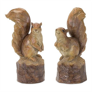 Perched Squirrel On Tree Stump Figurine (set Of 2)