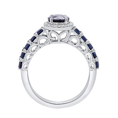 10k White Gold Sapphire 1/8 Carat T.W. Diamond Halo Ring