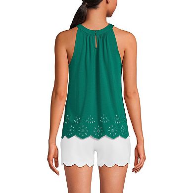 Women's Lands' End Eyelet Trimmed Flowy Pleated High Neck Tank Top