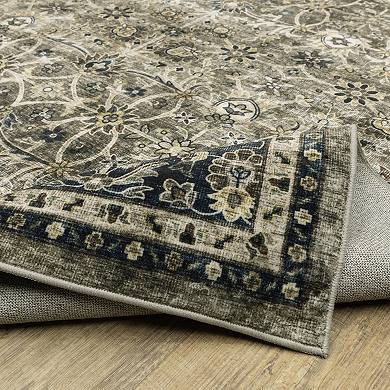 StyleHaven Sawyer Vintage Bordered Traditional Charcoal Gray & Blue Washable Area Rug