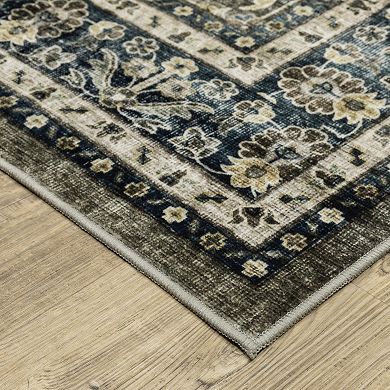 StyleHaven Sawyer Vintage Bordered Traditional Charcoal Gray & Blue Washable Area Rug