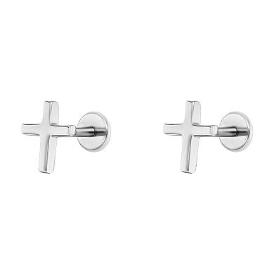 PRIMROSE Sterling Silver & Stainless Steel Polished Cross Stud Earrings