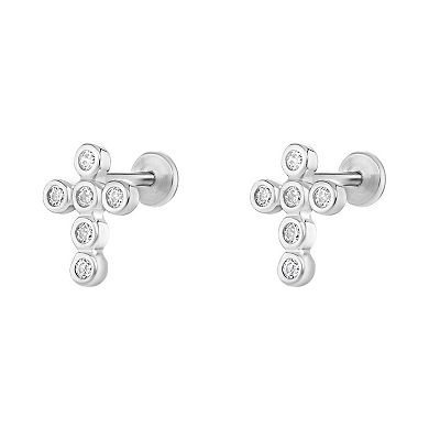 PRIMROSE Sterling Silver & Stainless Steel Cubic Zirconia Cross Stud Earrings