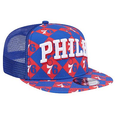 Men's New Era Royal Philadelphia 76ers Seeing Diamonds A-Frame Trucker 9FIFTY Snapback Hat