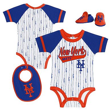 Newborn & Infant White New York Mets Base Hitter Bodysuit, Bib & Bootie Set