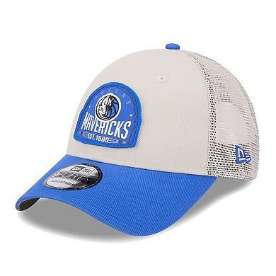 Men's New Era Khaki/Blue Dallas Mavericks Throwback Patch Trucker 9FORTY Adjustable Hat