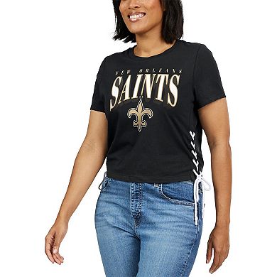 Women's WEAR by Erin Andrews Black New Orleans Saints Lace Up Side Modest Cropped T-Shirt