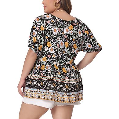 Plus Size Boho Tops For Women Floral Print V Neck Short Sleeve Summer Shirts Peplum Loose Blouses