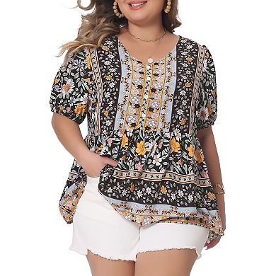 Plus Size Boho Tops For Women Floral Print V Neck Short Sleeve Summer Shirts Peplum Loose Blouses