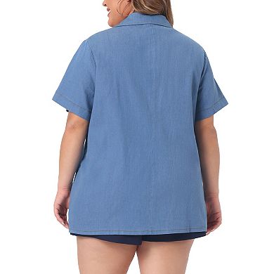 Plus Size Denim Shirt For Women Front Lapel Short Sleeve Button Down Chambray Shirts