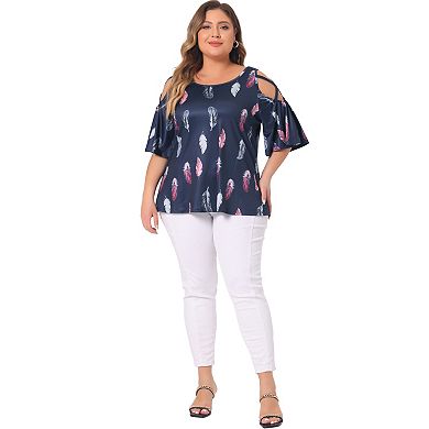 Plus Size Top For Women Cold Shoulder Feather Print Round Neck Short Sleeves Summer Tops