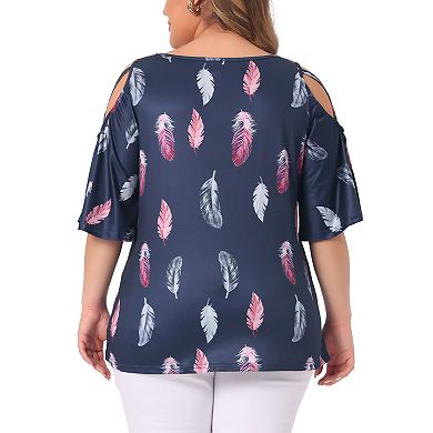 Plus Size Top For Women Cold Shoulder Feather Print Round Neck Short Sleeves Summer Tops