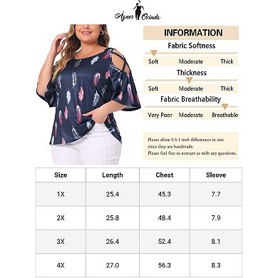 Plus Size Top For Women Cold Shoulder Feather Print Round Neck Short Sleeves Summer Tops