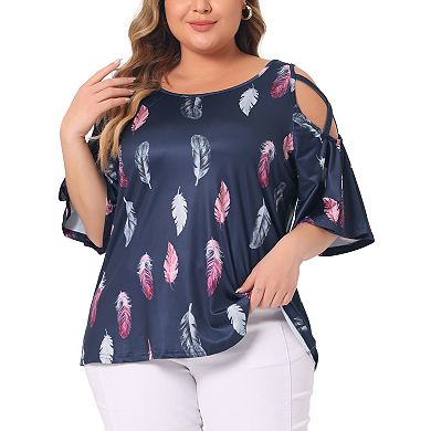 Plus Size Top For Women Cold Shoulder Feather Print Round Neck Short Sleeves Summer Tops