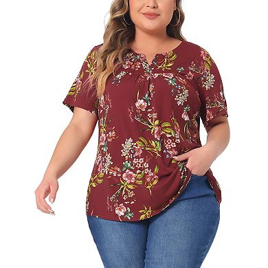 Plus Size Blouse For Women V Neck Floral Print Short Sleeve Casual Top Blouses Tops