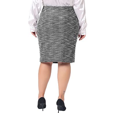 Plus Size Skirt For Women Tweed High Waisted Back Stretchy Office Pencil Skirt