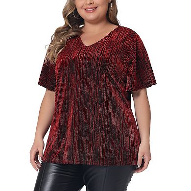 Plus Size Tops For Women V Neck Metallic Short Sleeve T-shirt Party Blouses Tee Tops
