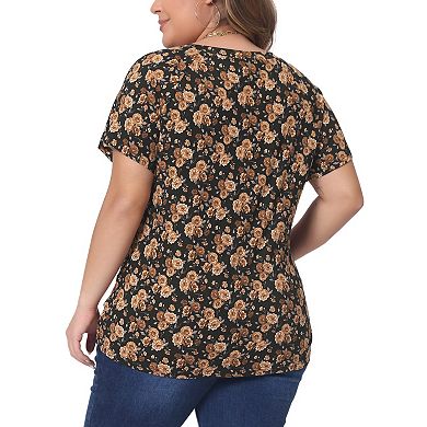 Plus Size Tops For Women Floral Printed Short Sleeve Round Neck Loose Casual Basic Tee Shirt