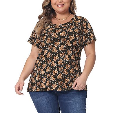 Plus Size Tops For Women Floral Printed Short Sleeve Round Neck Loose Casual Basic Tee Shirt