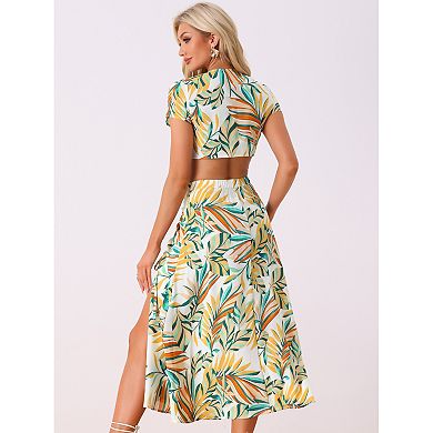 Tropical 2 Piece Outfits For Women's Wrap Crop Top And Hawaiian Ruched Front Maxi Skirt Set