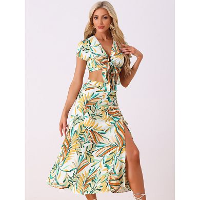 Tropical 2 Piece Outfits For Women's Wrap Crop Top And Hawaiian Ruched Front Maxi Skirt Set