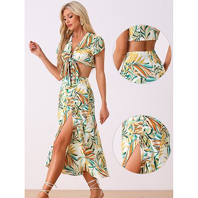 Tropical 2 Piece Outfits For Women's Wrap Crop Top And Hawaiian Ruched Front Maxi Skirt Set