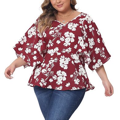 Plus Size Floral Tops For Women Summer Casual V Neck Flowy Sleeve Loose Chiffon Babydoll Blouses