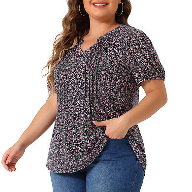 Plus Size Tops For Women Notched V Neck Short Sleeve Casual Floral Printed Blouse Tops