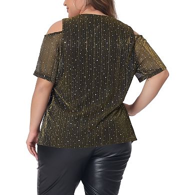 Plus Size Tops For Women Glitter Sequin Cold Shoulder Short Sleeve Party Basic Blouses Tee Tops
