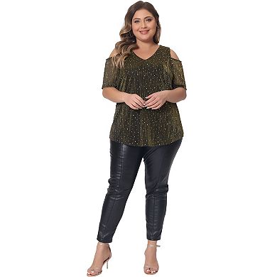 Plus Size Tops For Women Glitter Sequin Cold Shoulder Short Sleeve Party Basic Blouses Tee Tops