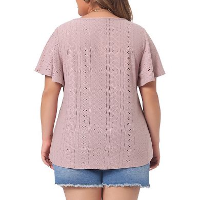 Women's Plus Size Round Neck Hollow Flare Short Sleeve T Shirts Casual Summer Top