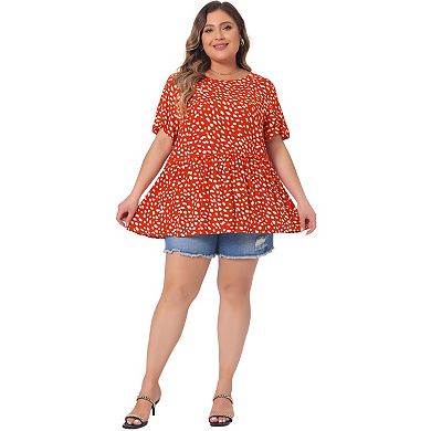 Plus Size Top For Women Polka Dots Crew Neck Short Sleeve Peplum Tops Shirts