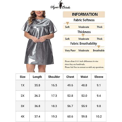Plus Size Dress For Women Metallic Round Neck Short Sleeve Party Clubwear Loose Mini T-shirt Dress