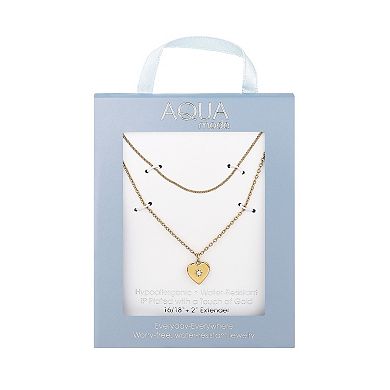 Aqua Moda Waterproof Gold Tone Cubic Zirconia Heart Double Strand Pendant Necklace