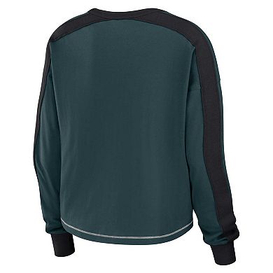 Women's WEAR by Erin Andrews Green/Black Philadelphia Eagles Color Block Modest Crop Long Sleeve T-Shirt