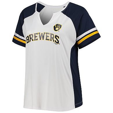 Women's White/Navy Milwaukee Brewers Plus Size Notch Neck T-Shirt