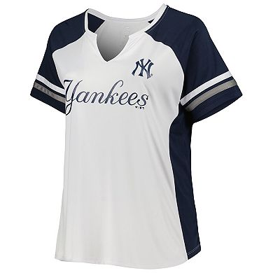 Women's White/Navy New York Yankees Plus Size Notch Neck T-Shirt