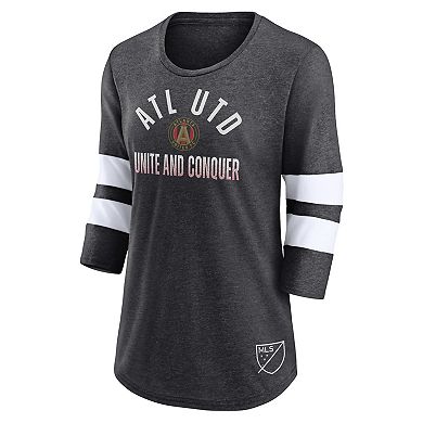 Women's Fanatics Branded Heather Charcoal Atlanta United FC Iconic Victory Move Tri-Blend Three-Quarter Sleeve T-Shirt