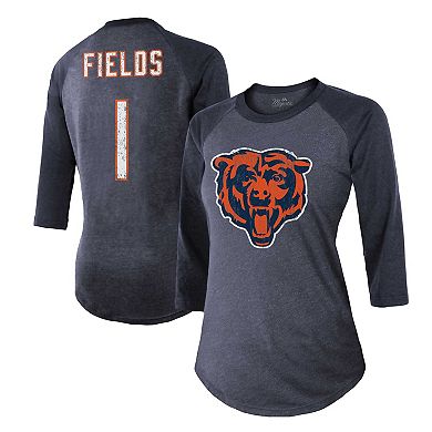 Women's Majestic Threads Justin Fields Navy Chicago Bears Player Name & Number Tri-Blend 3/4-Sleeve Fitted T-Shirt