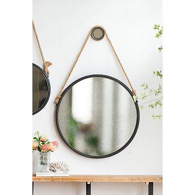 29.5" Matte Black Framed Round Wall Mirror with Hanger