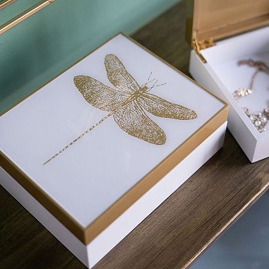 9.5" Gold and White Contemporary Rectangular Dragonfly Box with Gold Band Accent