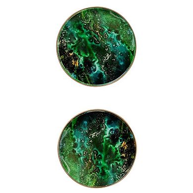 Set of 2 Emerald Green and Gold Modern Chic Round Trays 13.75"