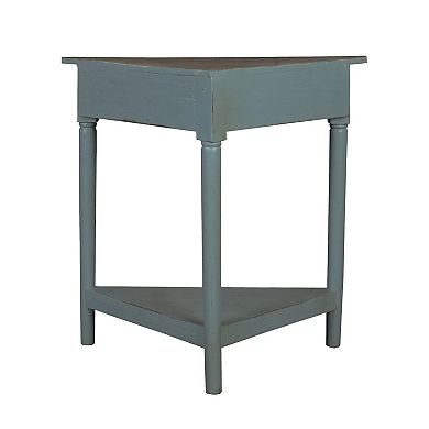 29.75" Distressed Beach Blue and Brown Cottage Triangular Corner Table with Drawer