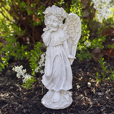 9.75" Ivory Standing Angel with Floral Crown Outdoor Garden Statue