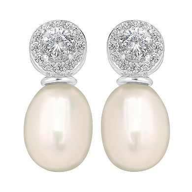 Gemistry Sterling Silver Freshwater Cultured Pearl & Round Cubic Zirconia Stud Earrings